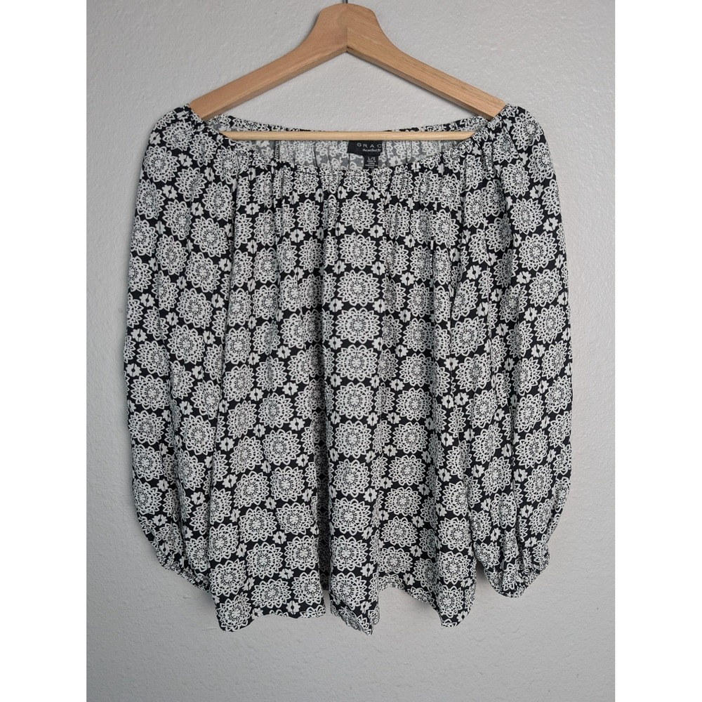 Grace Blouse Womens Large Black White Floral Off Shoulder 3/4 Sleeve Top Boho KM